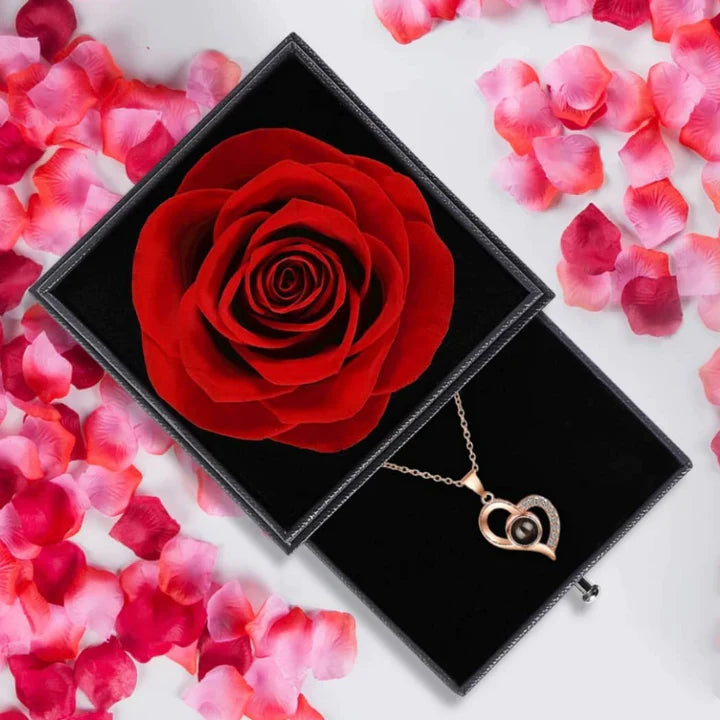 Colar Eu Te Amo Em 100 Idiomas + Caixa Com Rosa Encantada