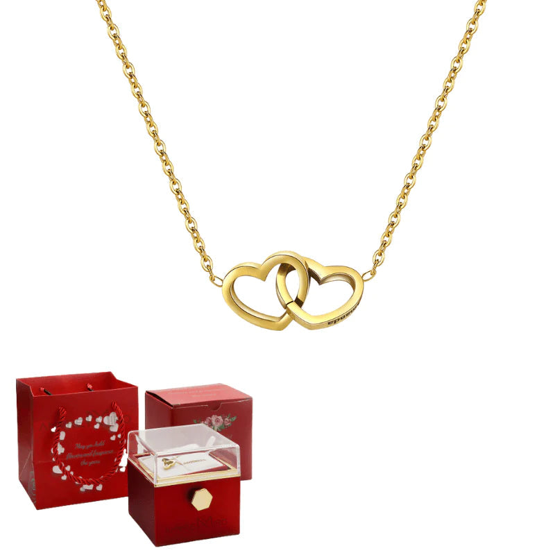 Colar corações entrelaçados Personalizável + Caixa com Rosa Eterna Rotativa